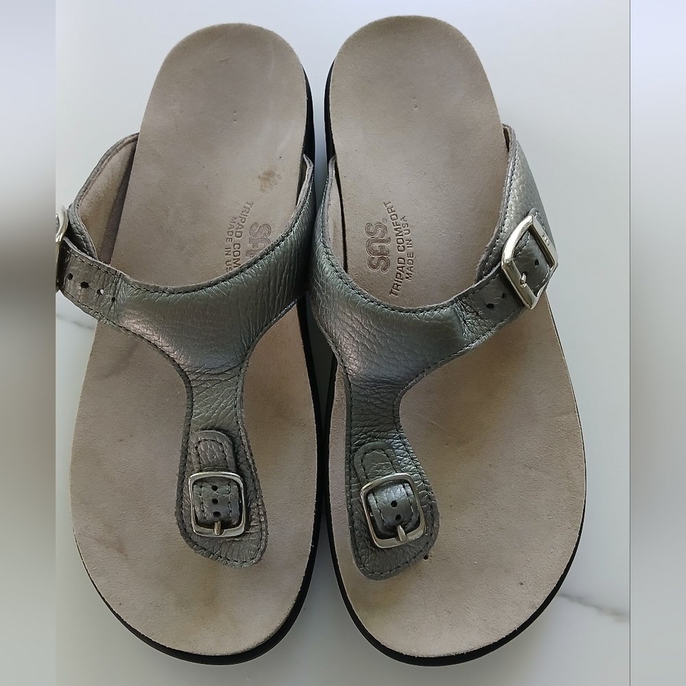 SAS Sanibel Leather Thong Sandals – Metallic Pewter – Size 9M – Like New